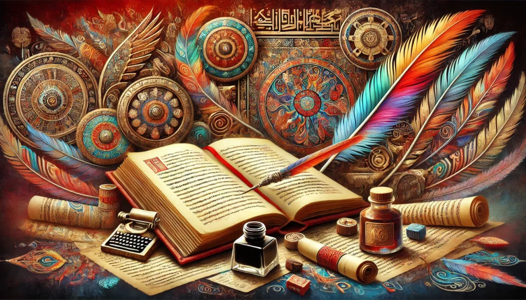 DALL·E 2024 12 20 18.20.51 A visually striking image representing the role of poetry in preserving language and culture. The image should include elements such as an open book w